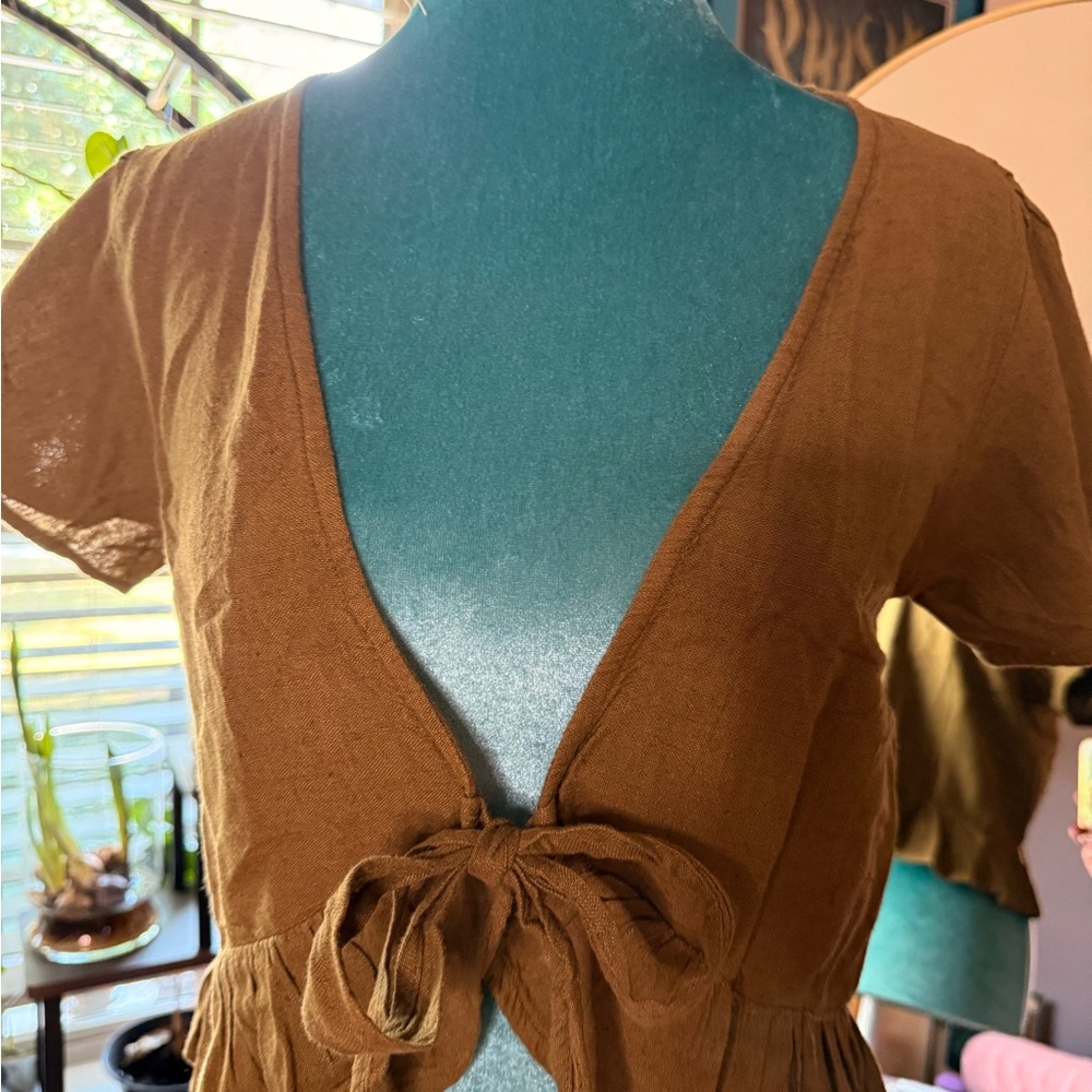 Boho Hemp Blend Ruffle Tie-Front Top Olive Green (Gypsy Rose, Free Size)